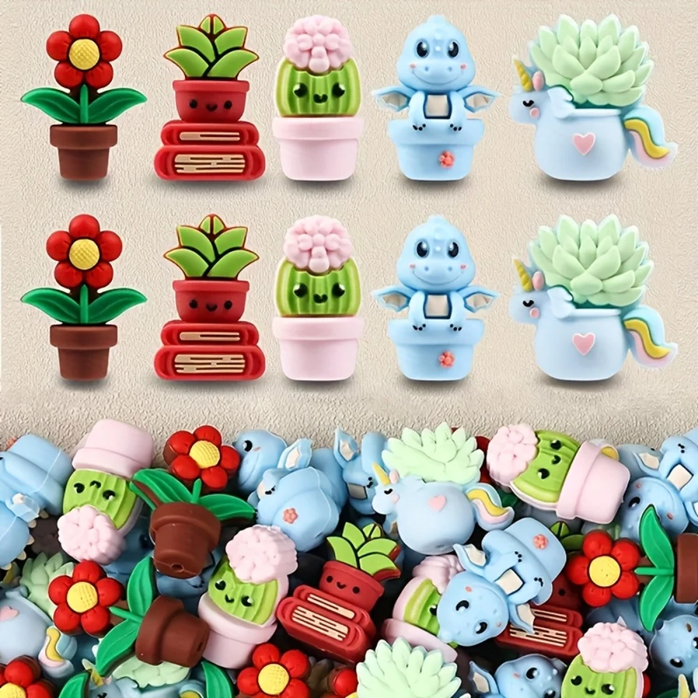 LOFCA 5 Stück 3D-Cartoon-Kaktus-Sonnenblumen-Silikonperlen, ideal für DIY-Schlüsselanhänger, Handy-Charms, Schmuck, Basteln, Schmuckzubehör