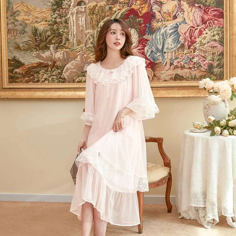 Women Long Nightgowns Solid Round Collar Half Sleeve Modal Gauze Ruffles Loose Retro New Chic French Palace Princess Nightdress