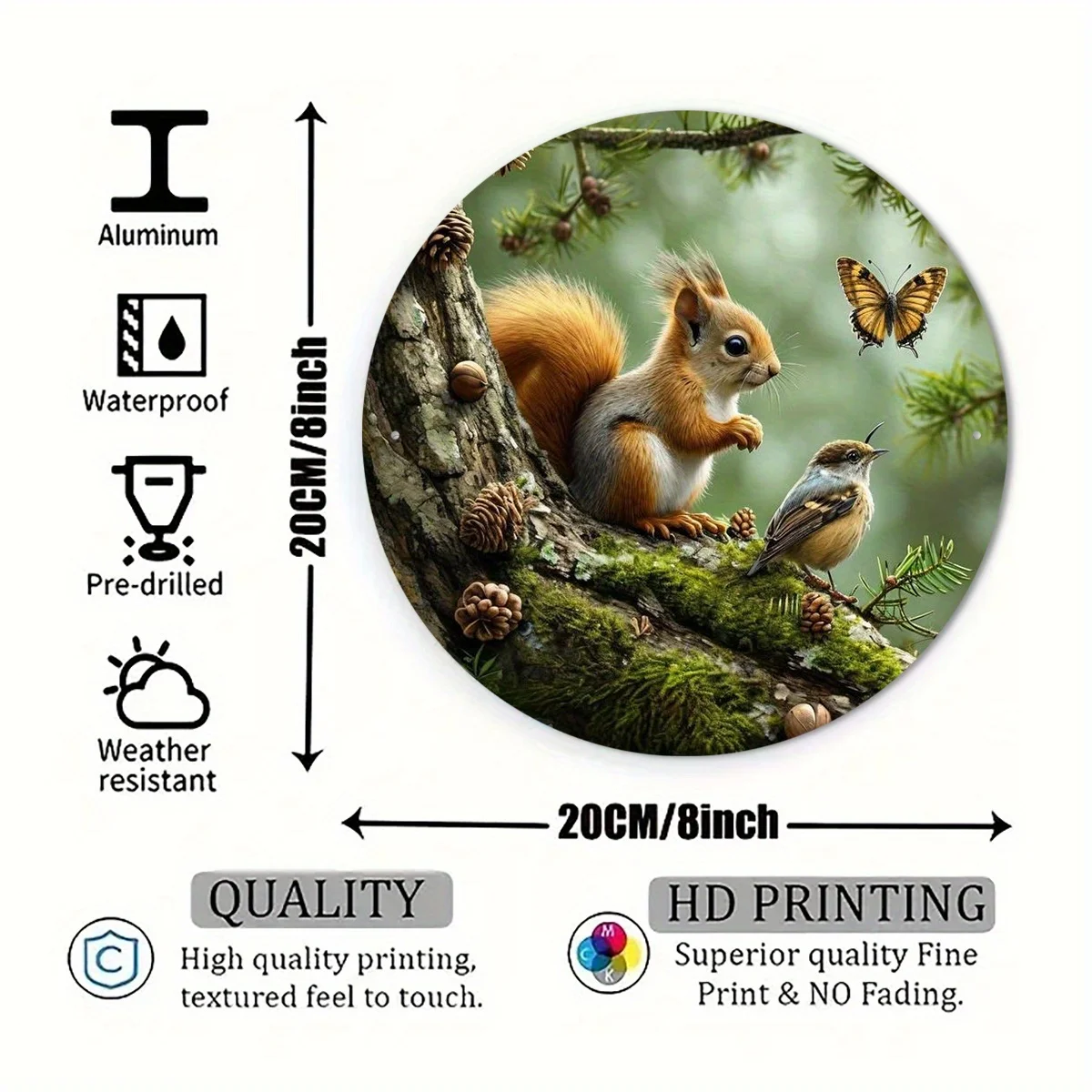 2D Flat, 2D Flat - 1pc Vintage Squirrel and Bird Sharing a Branch Spring Scene Aluminum Wall Art Sign | 20.32x20.32cm Round, 2D