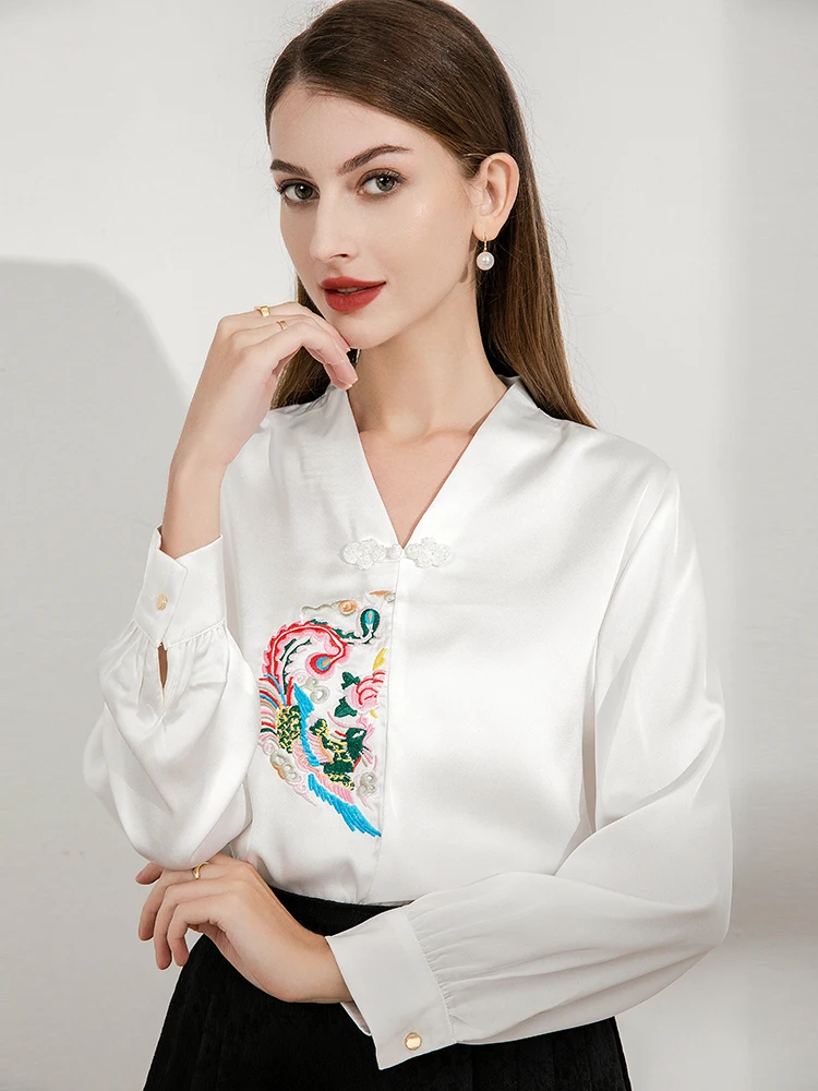 

Ele Vintage Chinese Sle irt Women's V-ne Buttoned Embroidered Top for Tailed Skirt Straight Cut Long Sve