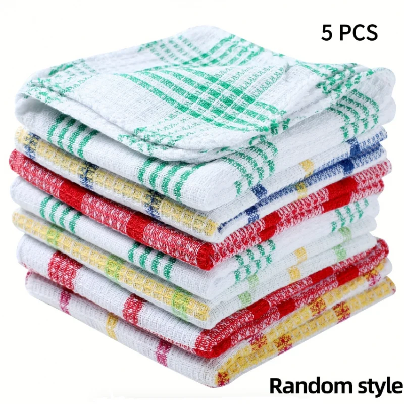 5Pcs Plaid Kitchen Towels - Double-Sided Non-Shedding Dish Cloths for Household Cleaning Absorbent Dishwashing Cloth