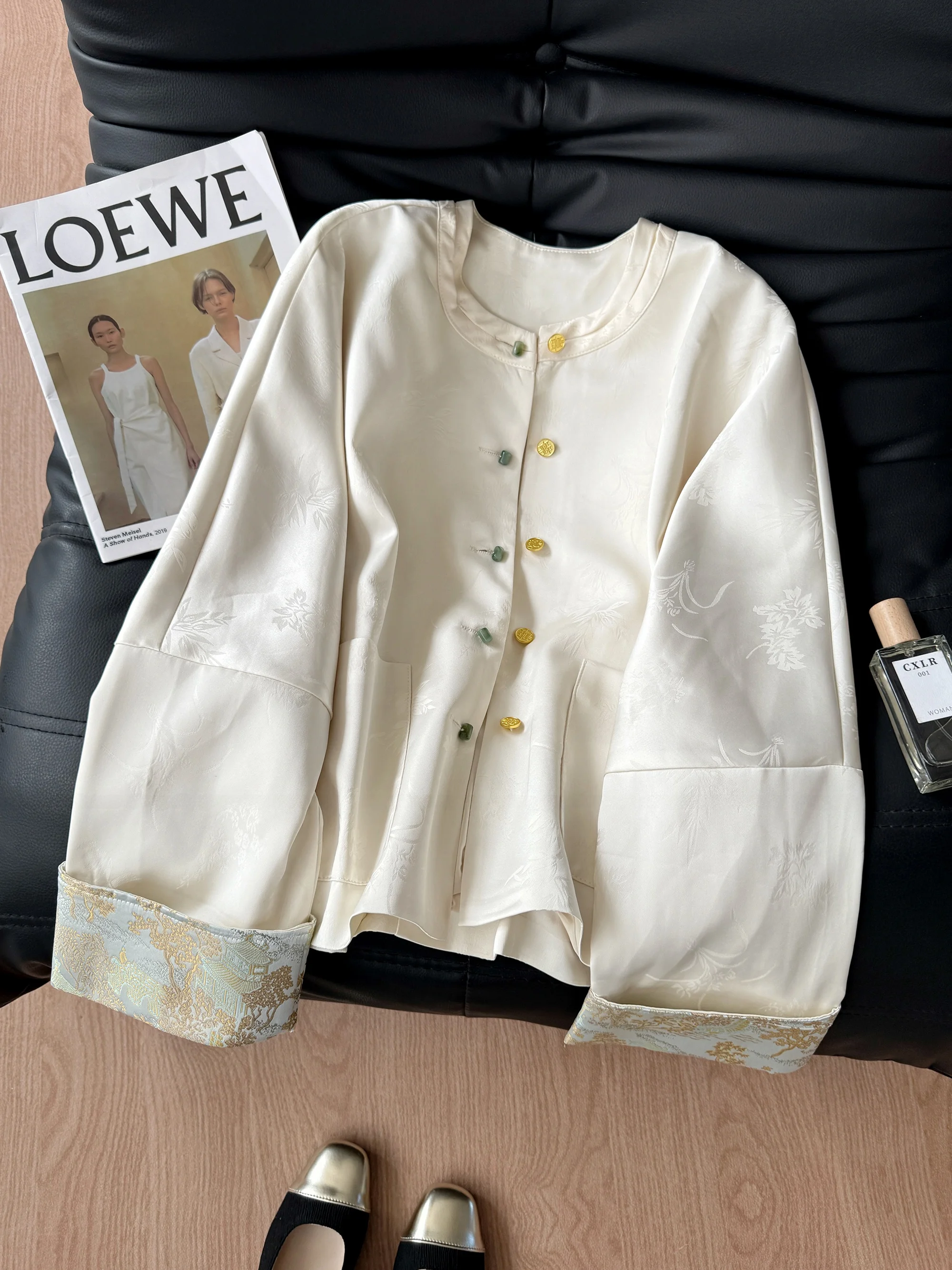 

New Chinese Sle Acetate Satin Women's Jaet Spring Autumn Slimming Faionable Button up Tea Costume Top round Ne ort ...