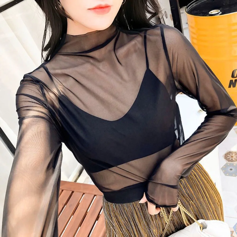 New Fashion Transparent See Through Shirt Women Sexy Black Lace Mesh Tops Casual Top Tee Shirt Sheer Elegant Women Shirt Summer