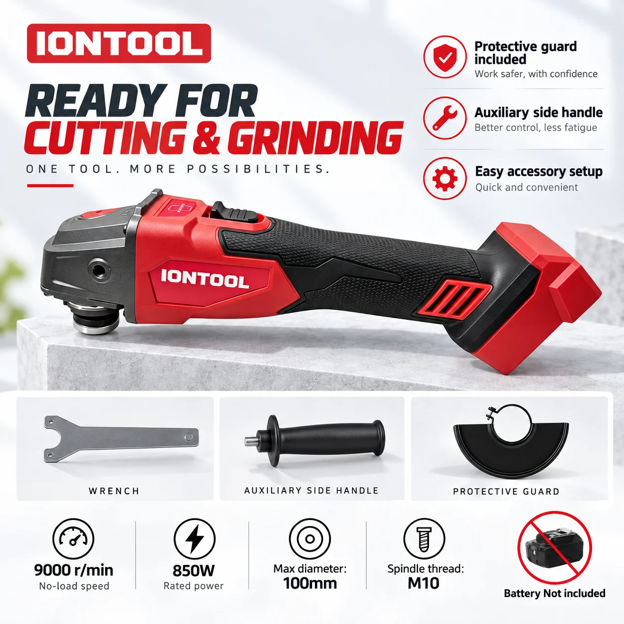 IONTOOL Red 850W 100mm Power Tools Cordless Angle Grinder for Wood Sanding Surface Polishing and Garage Workshop Tool