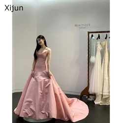 Xijun Simple Blush Pink Taffeta Evening Dresses Wedding Photoshoot Sweep Train Formal Party Special Occasion Dress 2024 Korean