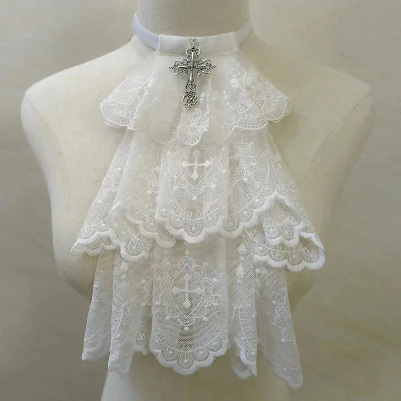 Detachable Collars Dark Style Original Handmade Cross Lace Bib Lolita Clothing Accessories Gothic Rhinestone Bow Collar Flowers
