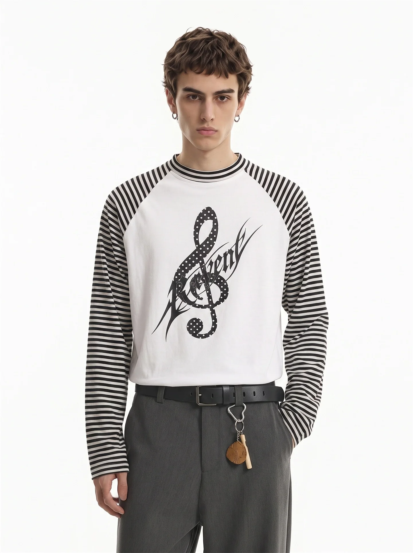BETEBULE American High Street Note Letter Print Stripe Long Sleeve Men's Vintage Light Short Wide Top T-shirt Casual Youth Po...