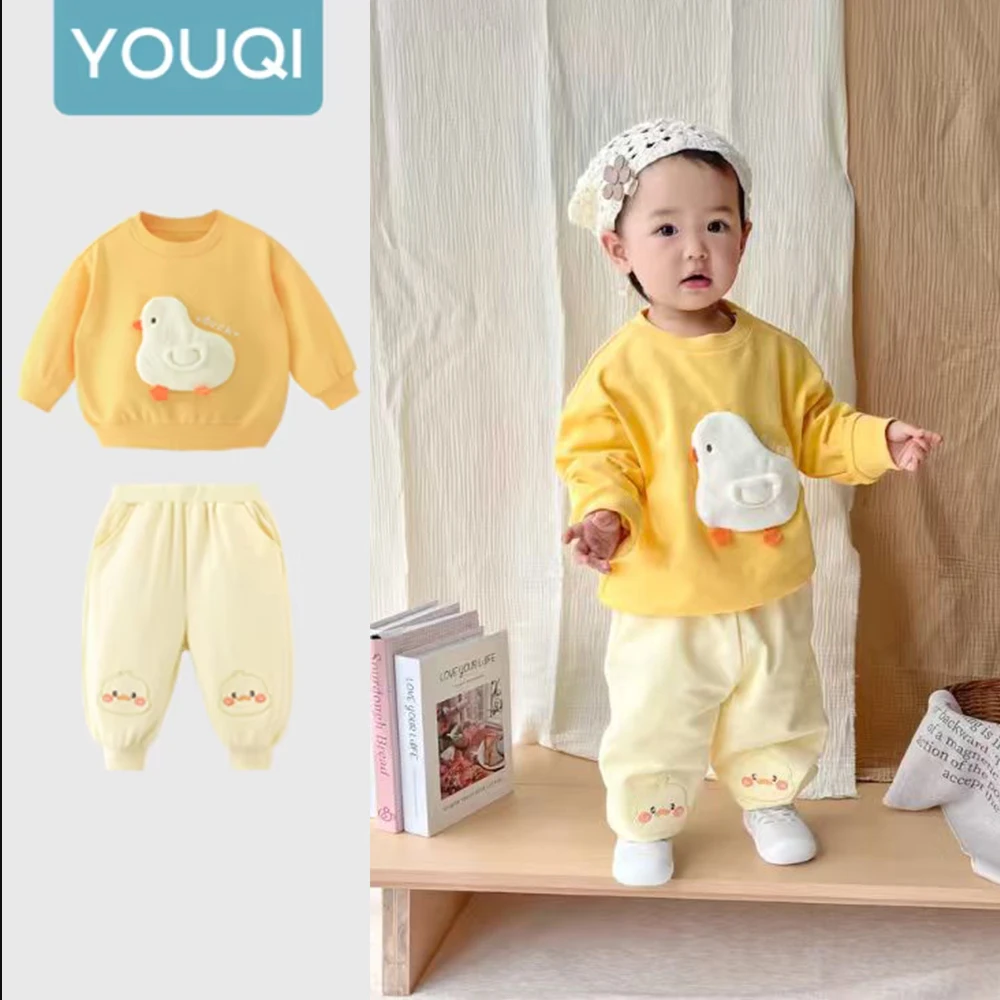 

&New Children's Yellow Duck Series Autumn Outfit 2026 Ｎew Baby Split Top Pants Baby Hoodie Two-Piece set for External Wear