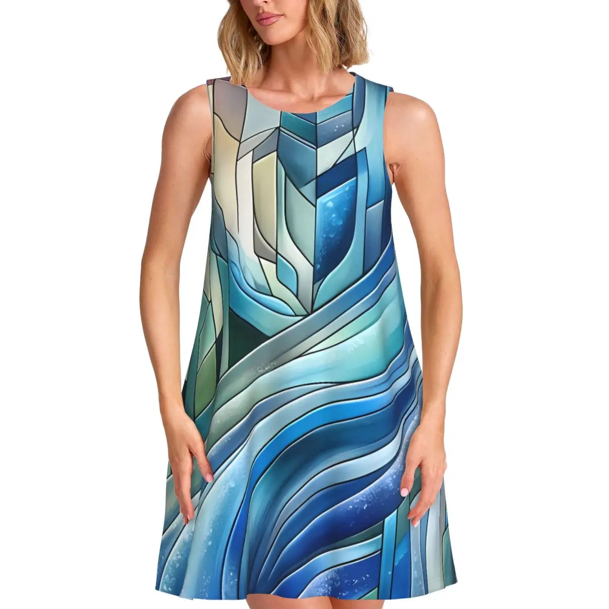 Contrast Color Casual Dress Geometry Print Simple Dresses Sleeveless Elegant Dress Hot O Neck Women Print Vestidos