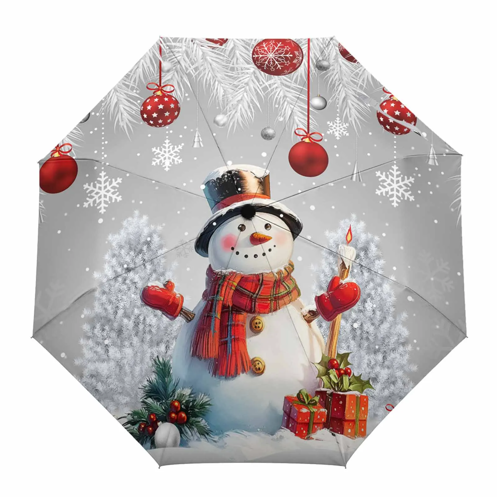 Snowman Pine Leaves Christmas Ball Fully-automatic Umbrella for Outdoor Kids Adults Umbrella Foldable Eight Strand Umbrella