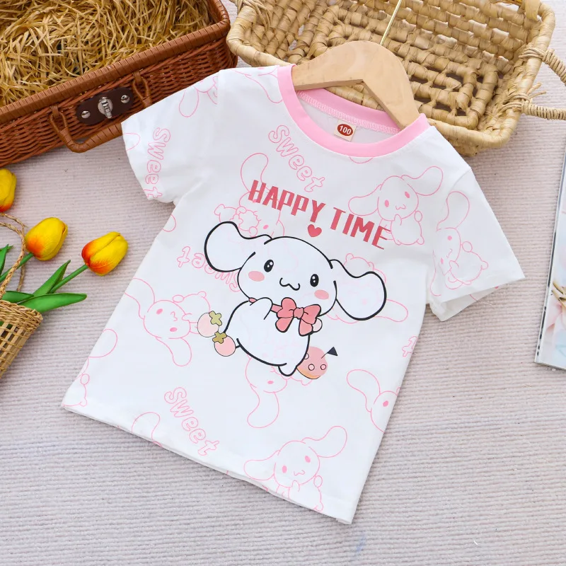 Camiseta de dibujos animados de algodón para niños y niñas, camisa de manga corta con cuello redondo, Anime Sanrios Cinnamoroll, ropa de verano