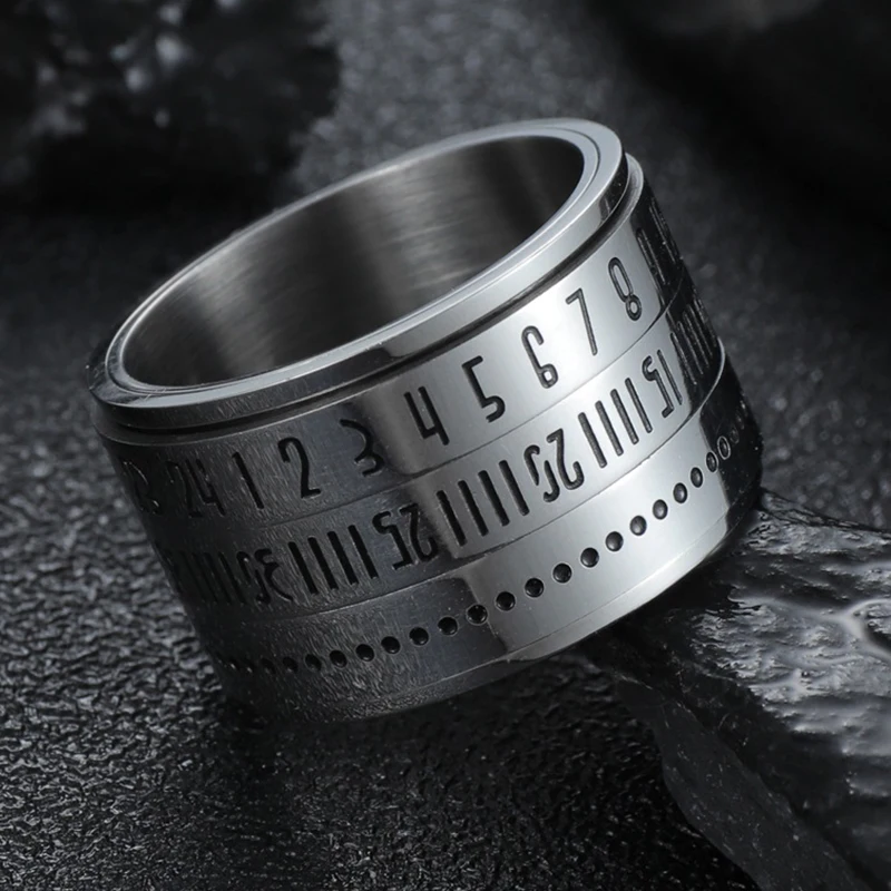 Мужские кольца в форме времени, серебряное вращающееся кольцо из нержавеющей стали с арабскими цифрами, форма календаря Anel Masculino, модные украшения