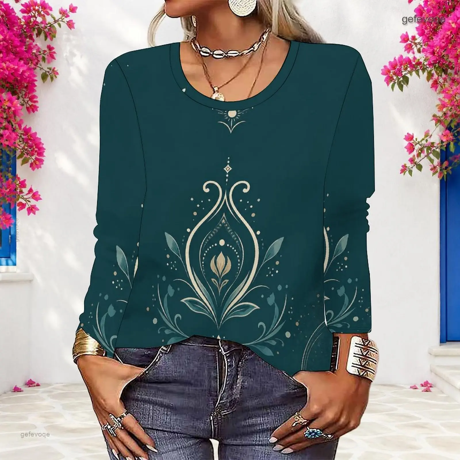 Women Bohemian Mandala Floral Geometric Printed Round Neck Long Sleeve Pullover Top
