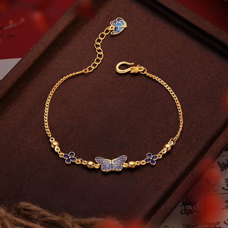 

Real Kt18 Golden Color Enamel Blue Clover Butterfly Bracelet for Womens Bride Wedding Engagement Fine Bracelet Jewelry Not Fade