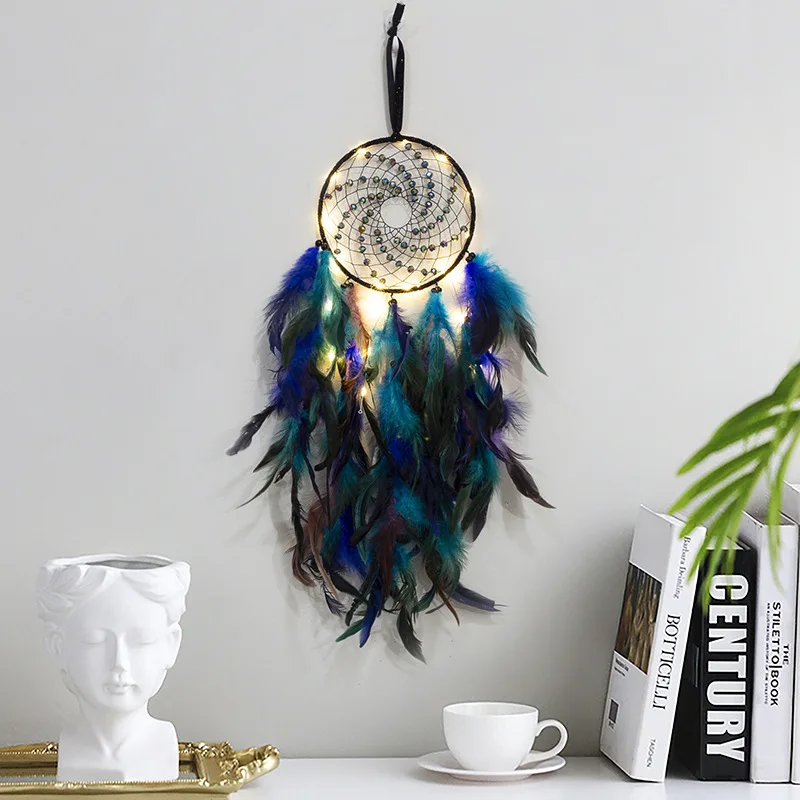 Bohemian Style Dream Catcher Wall Decoration, Hand‑Woven Circular Net with Shiny Beads & Mixed Color Feathers, Wth LED Light.