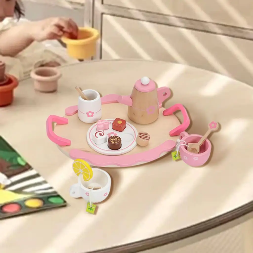 

Toddlers Tea Set Teapot Cups Tray Pretend Play Toy Educational Wooden Tea Party Set for Age 3 4 5 6 Girls Children Toddlers Kids