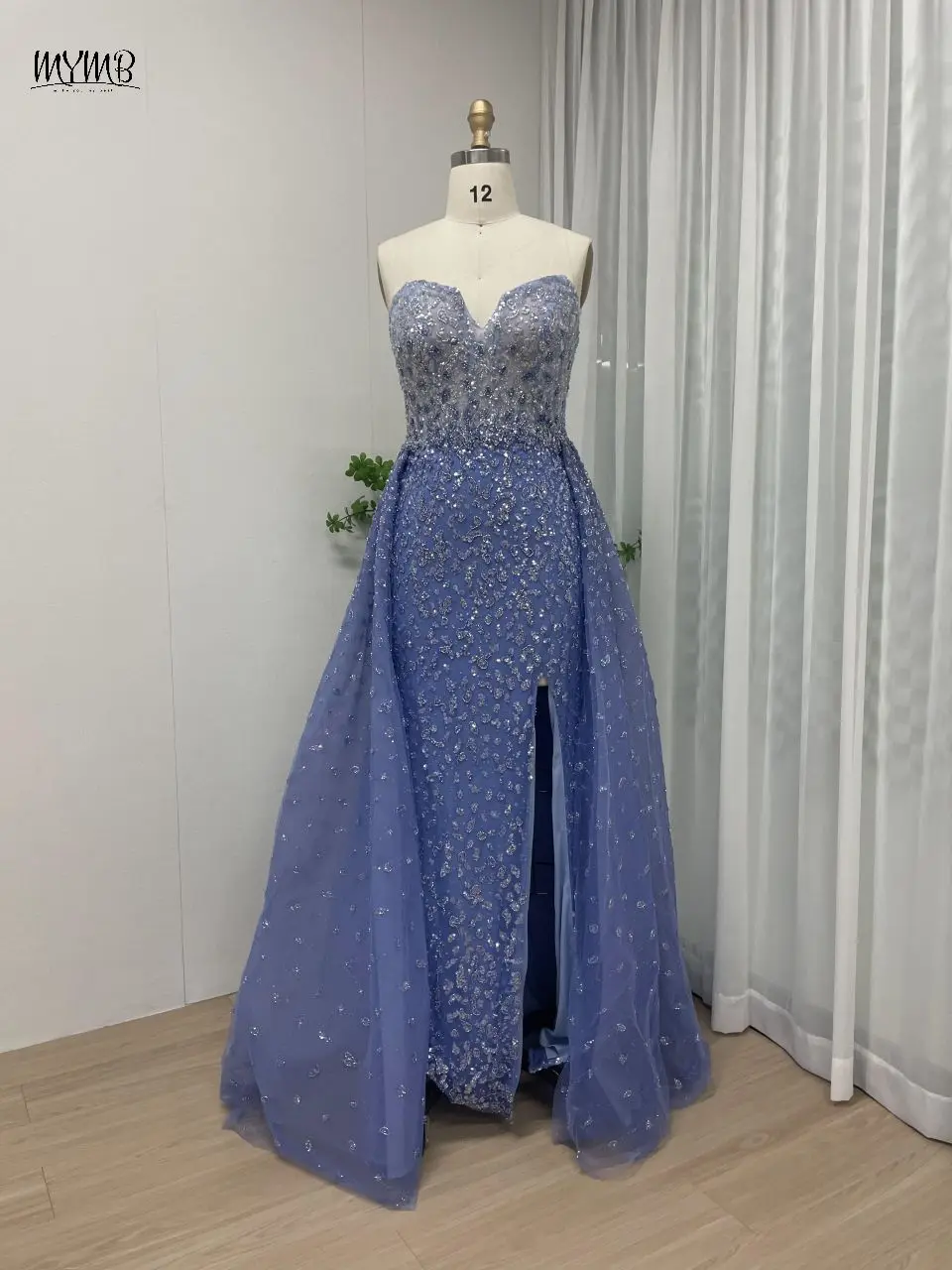 

MYMB Stunning Blue Strapless Beaded Wedding Party Dresses 2024 Haute Couture High Split Evening Prom Gowns for Women Celebrity