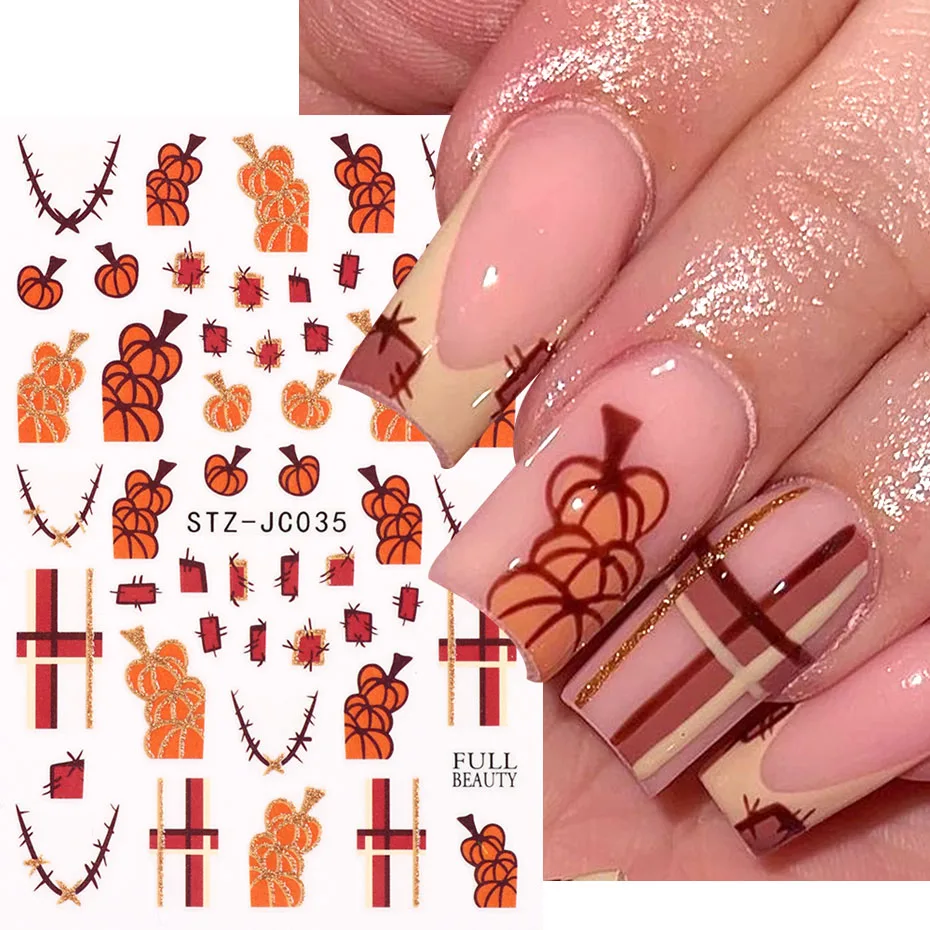 2 Stück Niedliche Kürbis-Nagelaufkleber Herbst-Ahornblatt-Karo-Klebefolien Herbst-Thanksgiving-Nageldesign-Zubehör – Detail 6