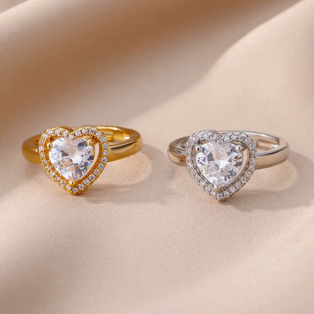 Stainless Steel Heart Rings For Women Zircon Gold Plated Heart Adjustable Ring Wedding Party Accessories Jewelry Gift 2025
