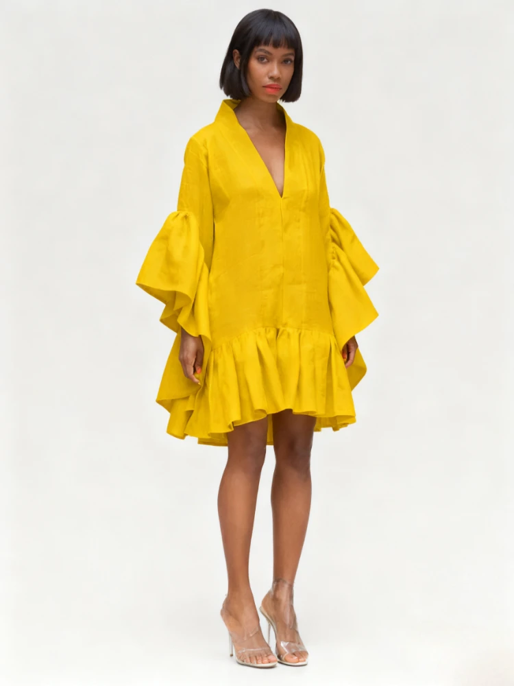 ชุดเดรสสั้นสีฟ้าสำหรับงานปาร์ตี้ฤดูร้อน แขนบาน คอวี ทรงหลวม ชายระบายจีบ สไตล์ลำลอง สวยสง่า เหมาะสำหรับออกงาน