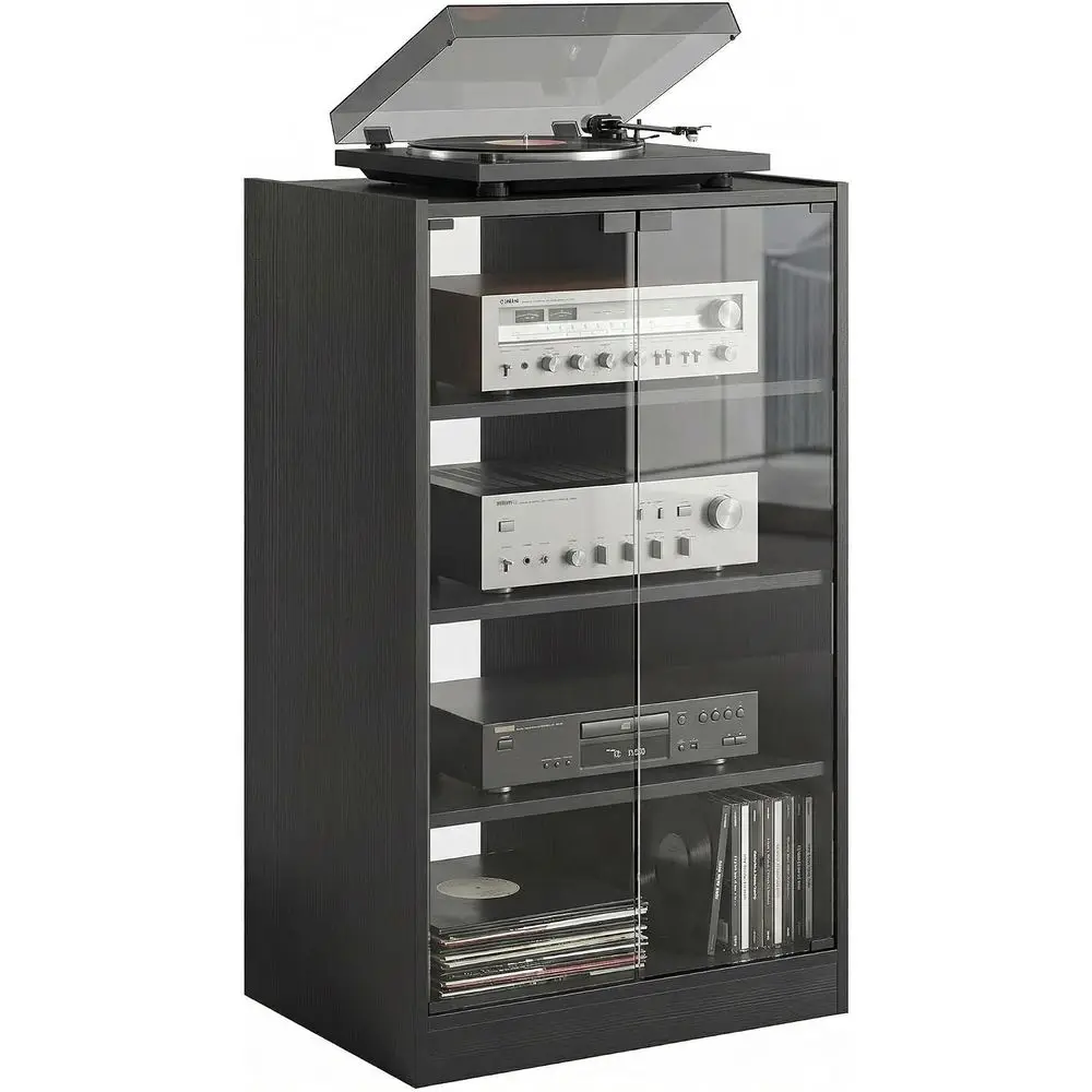 Media Cabinet 4-Tier Stereo Cabinet with Glass Door Black | Vinyl Record Player, AV Record Player Stand, Adjustable Shelves, Pus