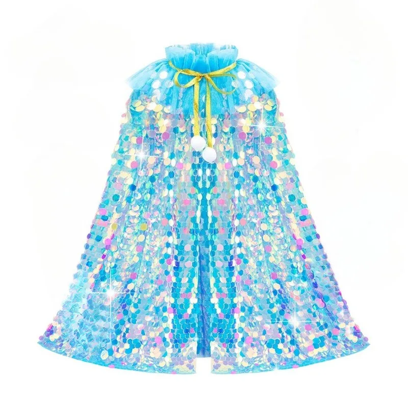 Shiny Fish Scale Cape & Mermaid Crown Set for Girls, Sequined Princess-Style Cape, Outfit Set for Birthday Photoshoots & Parties - view 6
