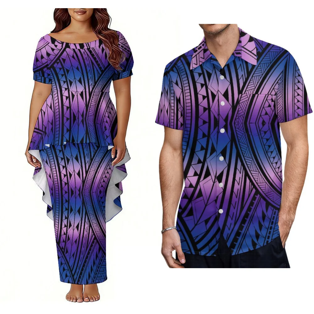 New Designed Island-Style Couple Set Featuring Pacific Island Design Men'S Aloha Shirt Women'S Puletasi Dress Elegant Clothing