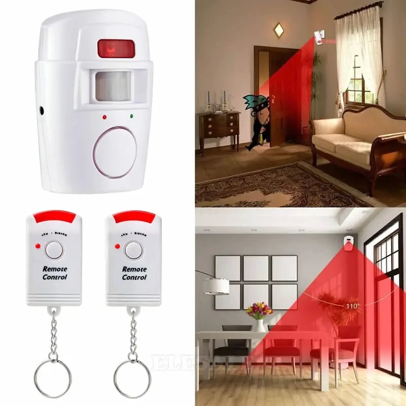 Con 2 adaptadores de corriente de Control remoto, Detector de Sensor de movimiento PIR inalámbrico, alarma para cobertizo doméstico, garaje,