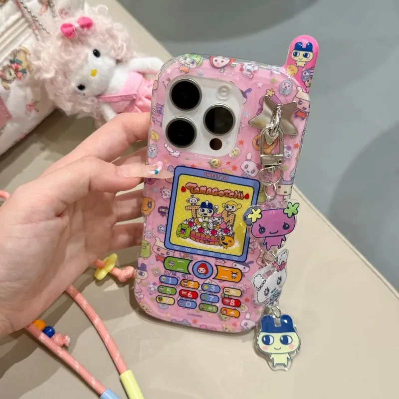 

kawaii mimitchi Tamagotchi Mobile phone model mametchi lovelitchi Phone Case For iPhone 16pro 15 14 13 12Pro Max Mobile pendant