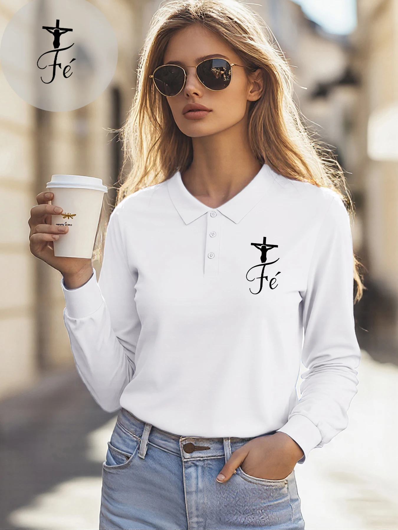 十字架とイエスプリント女性 Tシャツビジネス快適なポロシャツカジュアルラペル服ヒップホップ Y2K 秋長袖