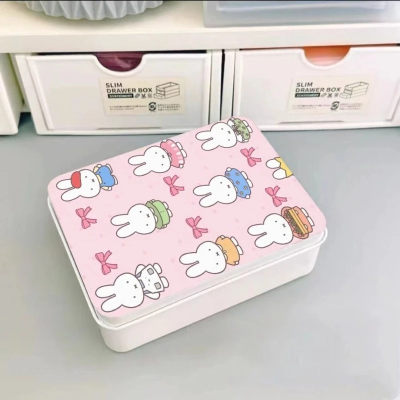 Miffy Cute Cartoon Metal Storage Box Kawaii Bunny Pastel Colors Small Item Organizer for Desk/Study Removable Durable Gift-Ready