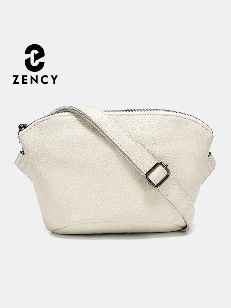 Zency Simple Cowhide Leather Shoulder Bag For Women Zip Pockets Adjustable Strap Shoulder Crossbody Beige Handbag Purse