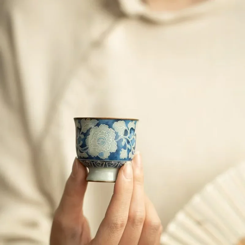 2Pcs Imitation Song Ru Kiln Yuan Blue and White Teacup Master Cup Guest Cup Ceramic TeaSet Goblet Opening Can Raise Peony TeaCup