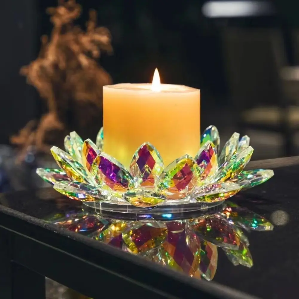 Thicken Lotus Candle Holder Colorful Elegant Design Crystal Lotus Ornament Multi-purpose Romantic Clear Lotus Figurine