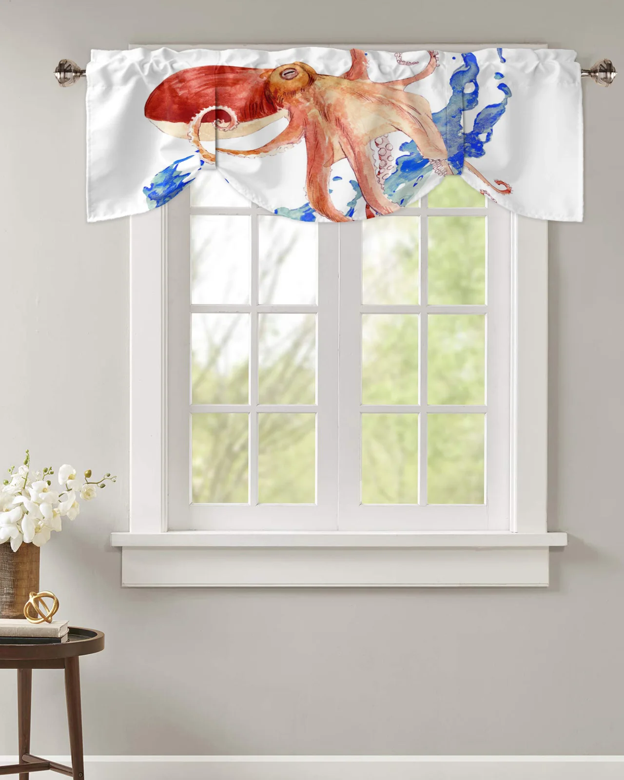 Watercolor Painting Wave Octopus Window Curtain Kitchen Cabinet Coffee Tie-Up Valance Curtain Rod Pocket Short Curtain