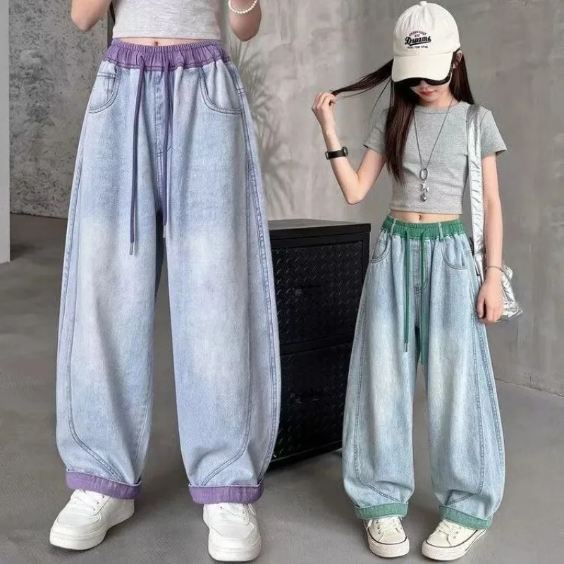 UNITIM 4-14 Jahre Mädchen-Jeans, Sommer, dünn, atmungsaktiv, für Kinder, Mädchen, Denim-Hose, lässig, gespleißt, für Junior-Mädchen, Hose mit weitem Bein – Detail 3