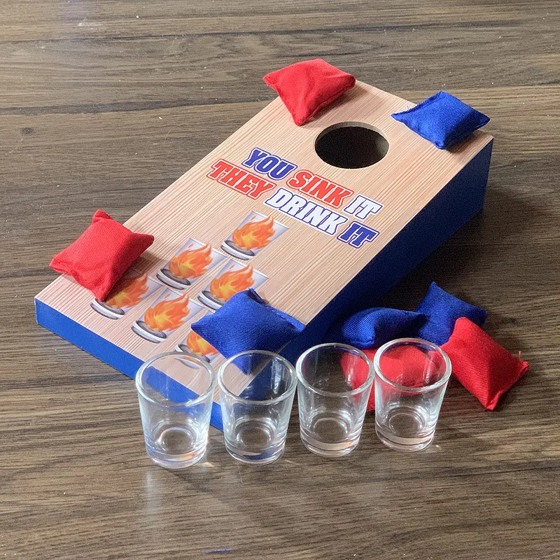 

Cornhole Toss Party Drinking Game Ранние развивающие игрушки с 4 чашками Мешок с песком Деревянная игра на открытом воздухе с мешком с песком Клубная игрушка