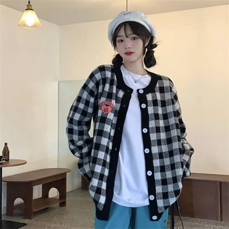 Autumn Fashion Japanese Jk Uniform Checkerboard Kawaii Embroidery Sweater Cardigan Loose Women's Clothing Knitted Top Outer Wear