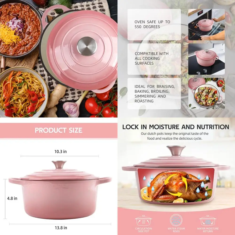

Enameled Cast Iron Dutch Oven, 6 Quart, Pink, with Lid and Dual Handles, Oven Safe to 500°, Ideal for Pot and Tile Cooking