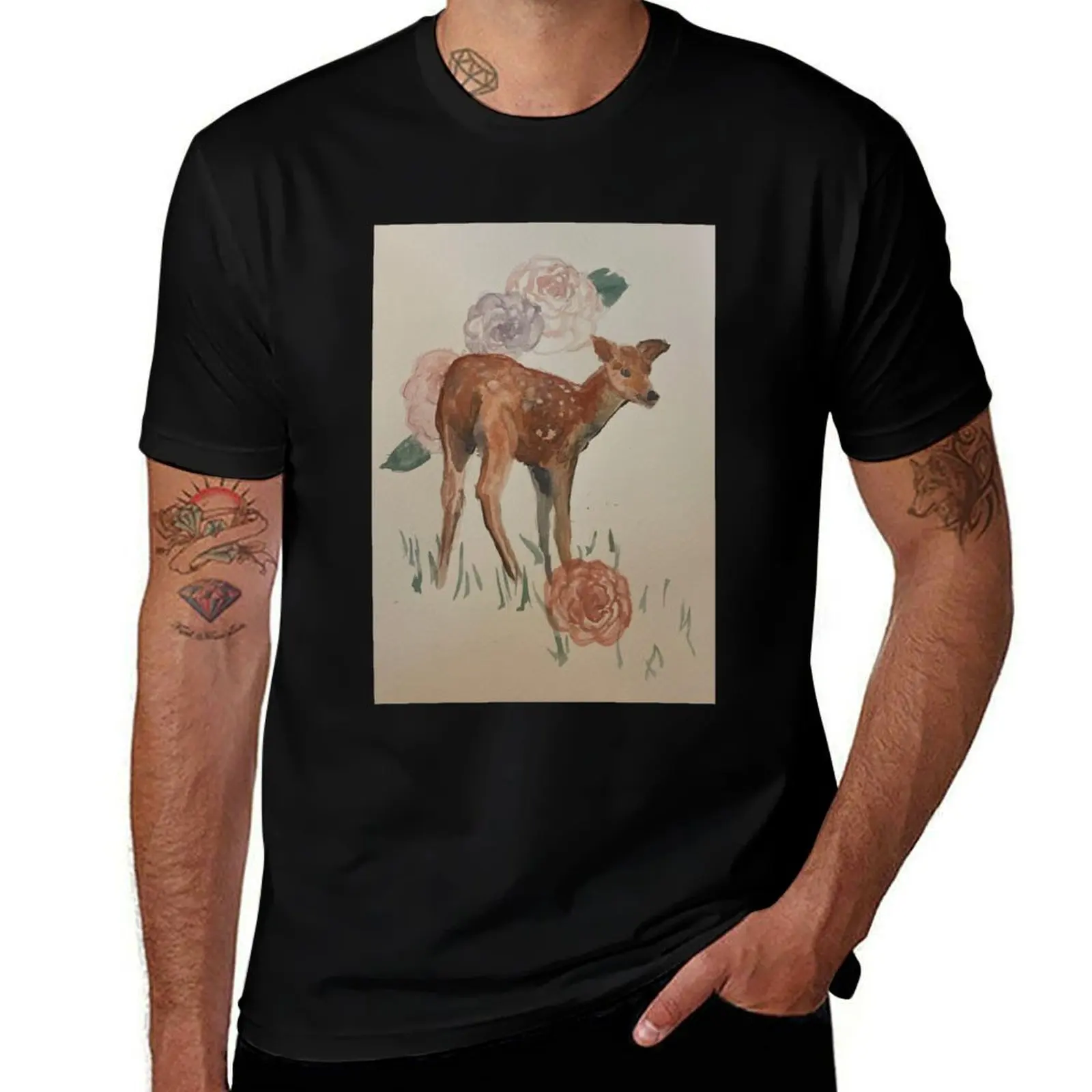 watercolor baby deer T-Shirt plain street wear vintage anime shirt Men's t-shirt