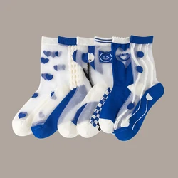 Calcetines de tubo medio con fibra de vidrio ultrafina transparente para mujer, medias de algodón puro de estilo universitario azul, tendencia de moda