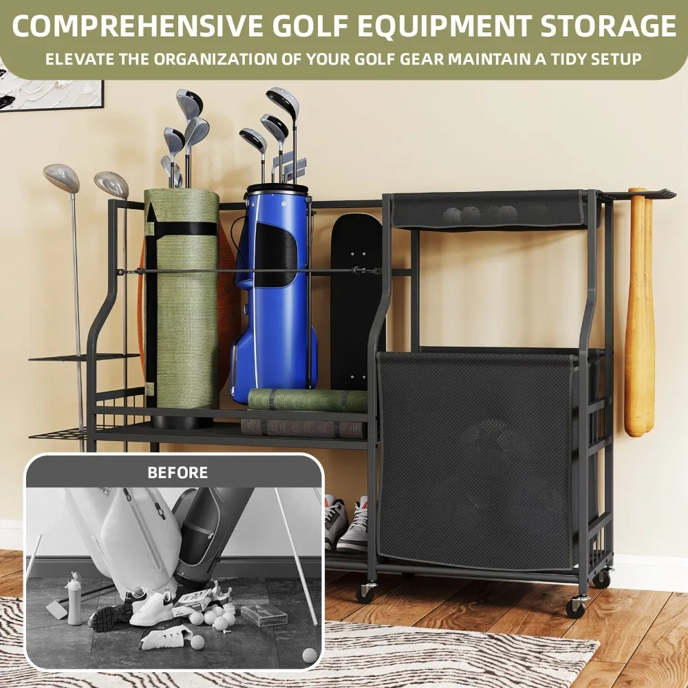 Heavy Duty Steel Rolling Sports Equipment Organizer Rack Garage Golf Bag Storage