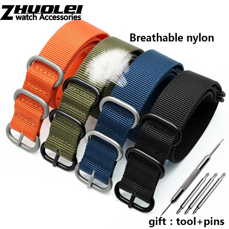 Ring buckle Strap Wholesale Heavy Duty Nylon Watchband 18mm 20mm 22mm 24mm men\'s Stripe Rainbow Canvas Replacement bracelet