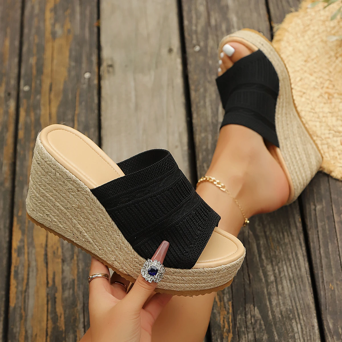 Spring Summer Women Transparent Flower High Heel Platform Slippers Fairy Style Fashion Thick Sole Slides