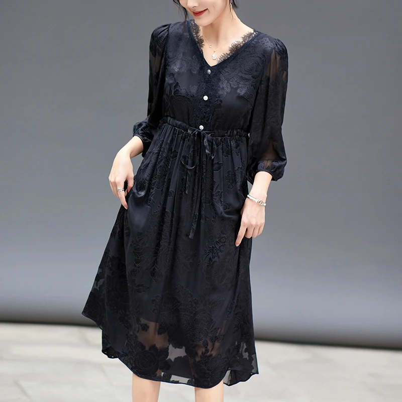 New 100% Real Silk Women's White Black Dress Summer Lace V-neck Elegant Dresses For Women Floral Jacquard Long Dress A-line