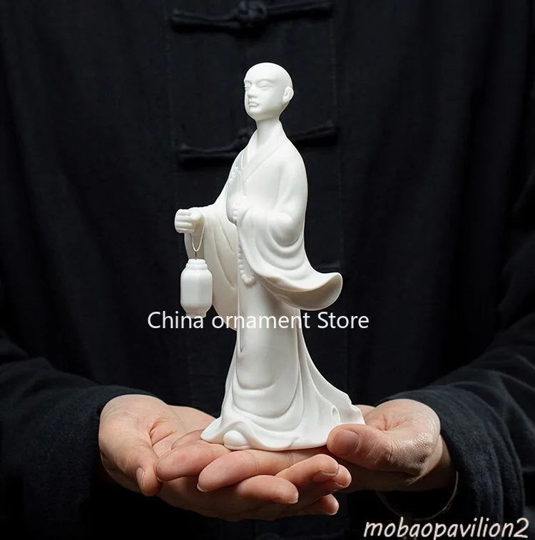 New White Porcelain Statue Monk Lantern Buddhism Zen Office Study Table Decor