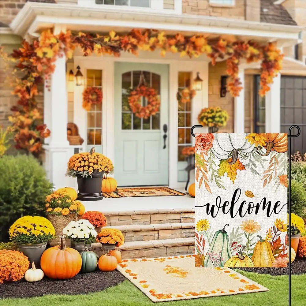 Welcome Fall Garden Flags Burlap 12x18 Inch Double Sided, Autumn Pumpkins Sign Small Flag Farmhouse Yard Outdoor Decorations SSL