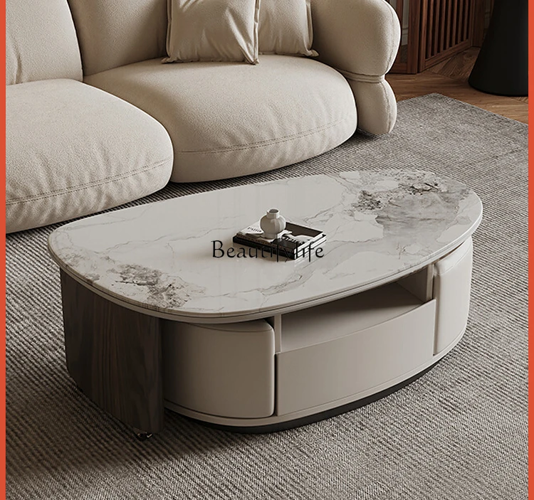 

Oval rock slab coffee table Light luxury living room Home Italian minimalist rotating coffee table