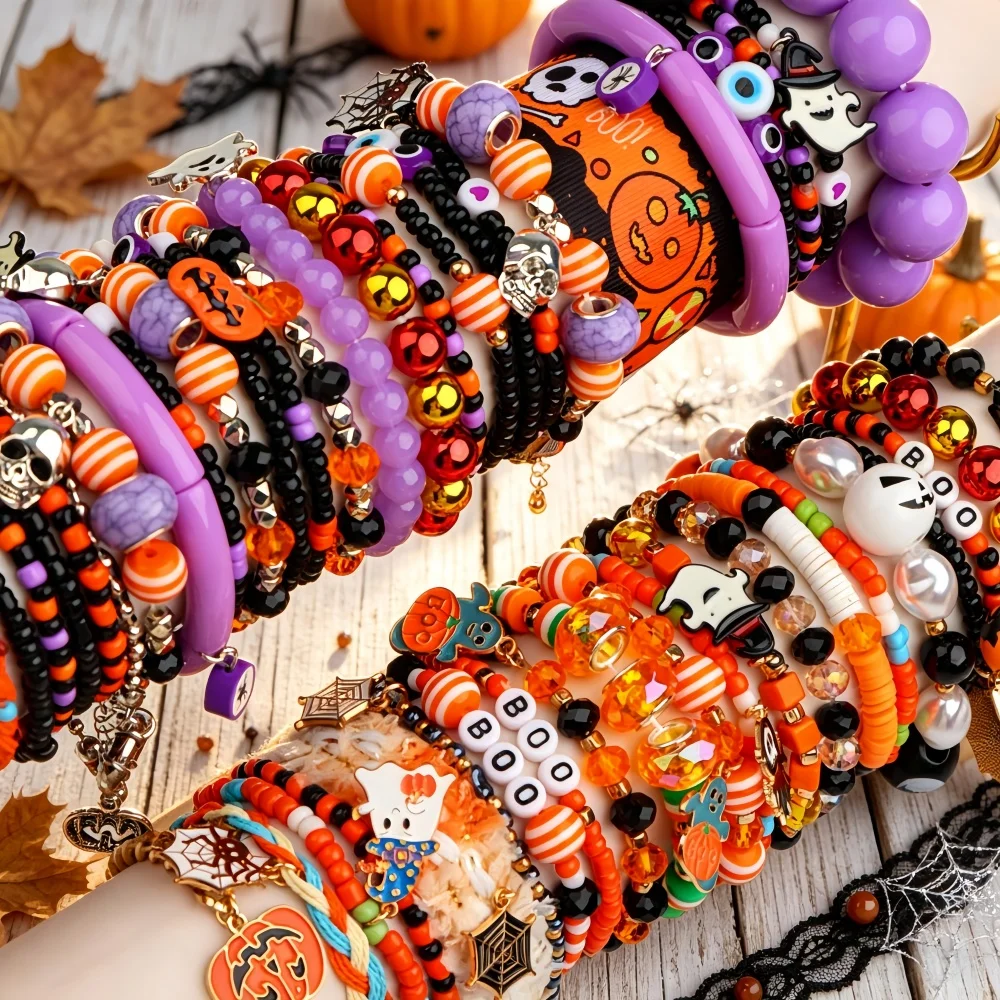 15/22/27Pcs Halloween Stackable Beaded Bracelet For Women Men Spooky Pumpkin Ghost Skull Spider Mix Jewelry Party Gift Festivel