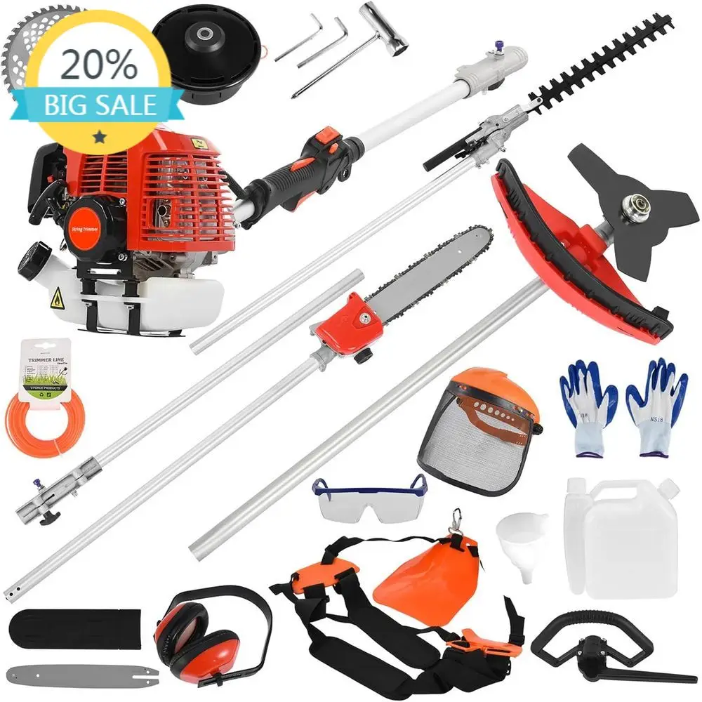 

5-in-1 Multi-Function 52cc Hedge Trimmer with Chainsaw, Brush Cutter, and Protective Guard (Red)